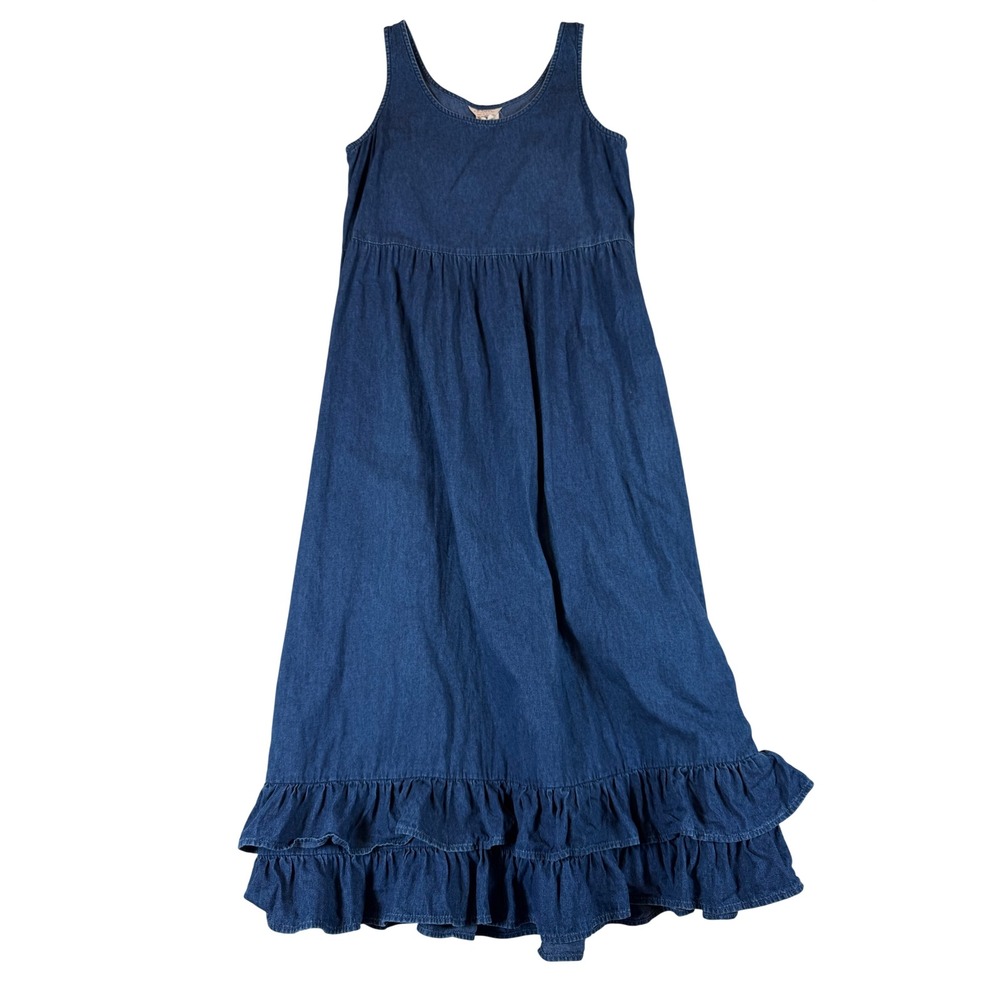 Vtg 90s Denim Maxi Dress Ruffle Tiered USA Cotton Blue Sz 10 Cottagecore Prairie